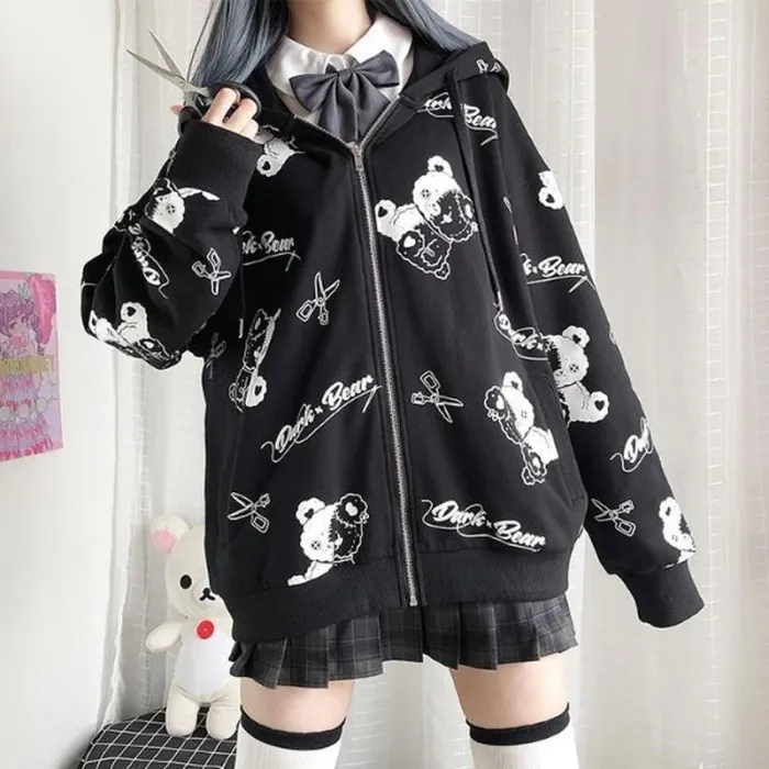 Gothic Coat Sweatshirts Women Preppy Kawaii Long Sleeve Zip Up Hoodie Japanese Cute Top