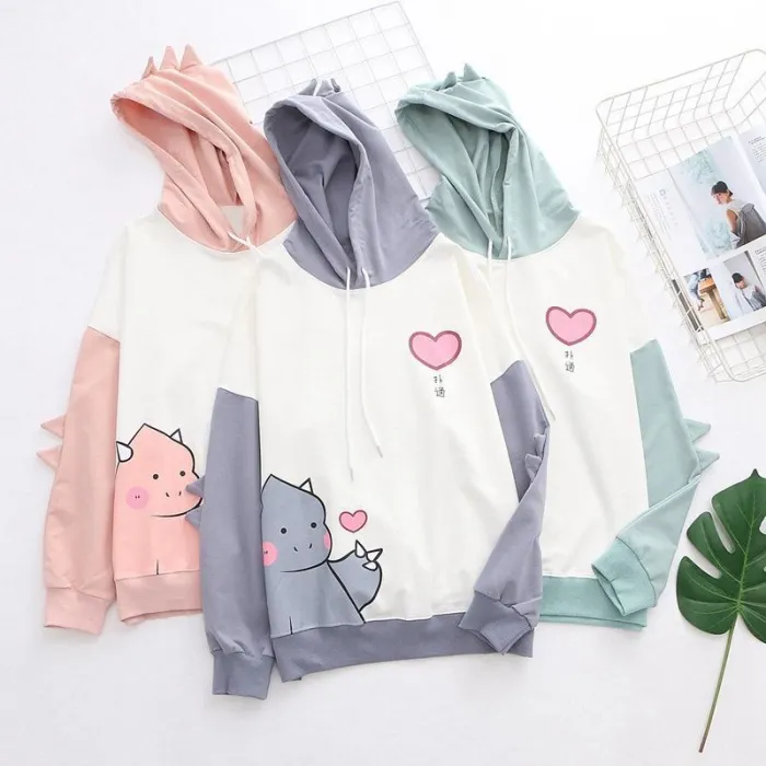 Dinosaur Love Heart Print Color Block Hoodie