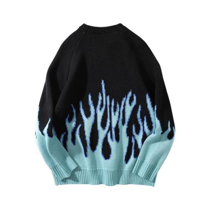 Mens Streetwear Blue Fire Flame Hip Hop Sweaters