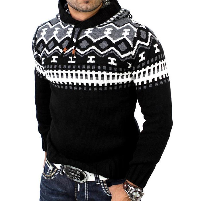 Woolen Print Color Block Hooded Sweater