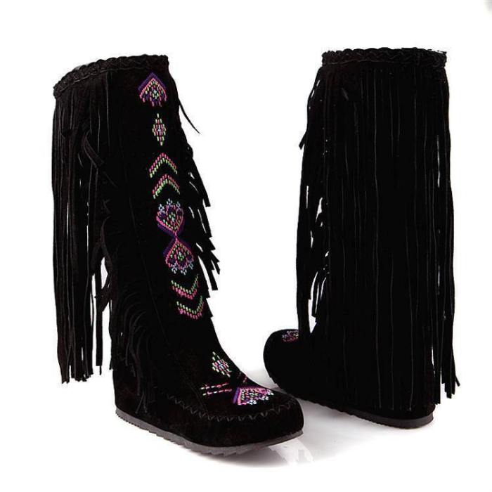 Women'S Native American Moccasin Boots - Knee High Fringe Winter Fashion Indian Boots