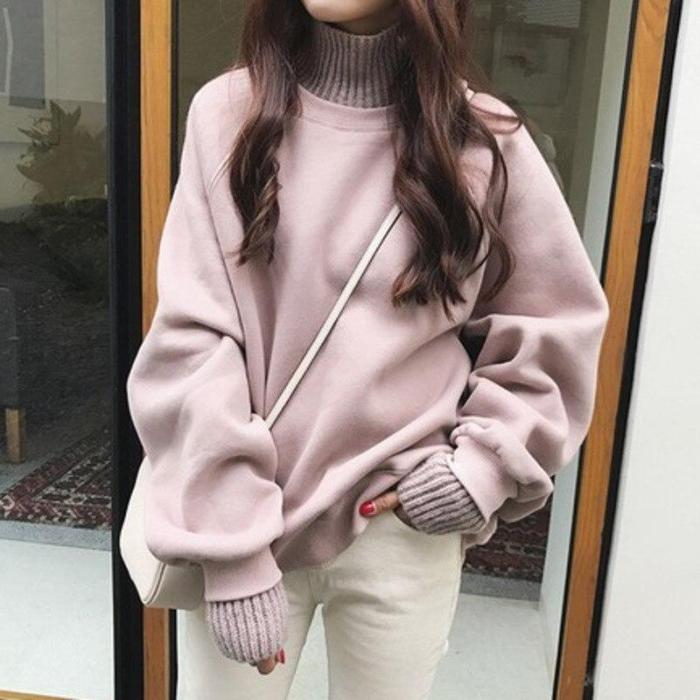 Office Lady Patchwork Knit Casual Fake Two Pieces Sweatshirt Loose Thick Keep Warm Turtleneck Hoodie Plus Velvet