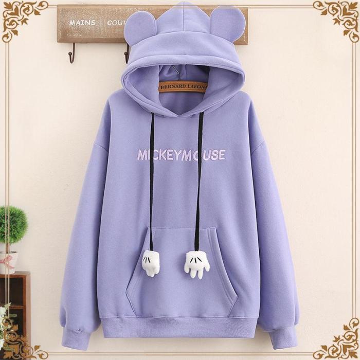 Solid Color Letter Embroidery Hoodie Sweatshirts With Ears Loose Long Sleeve Sweet Girl Pullover