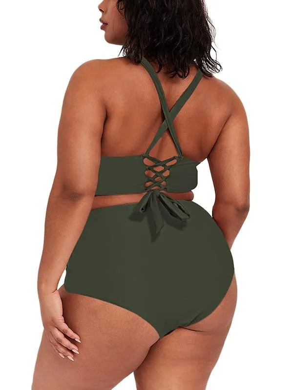 Sexy Plus Size Swimsuits Solid Tummy Control Bikini Set With Tie