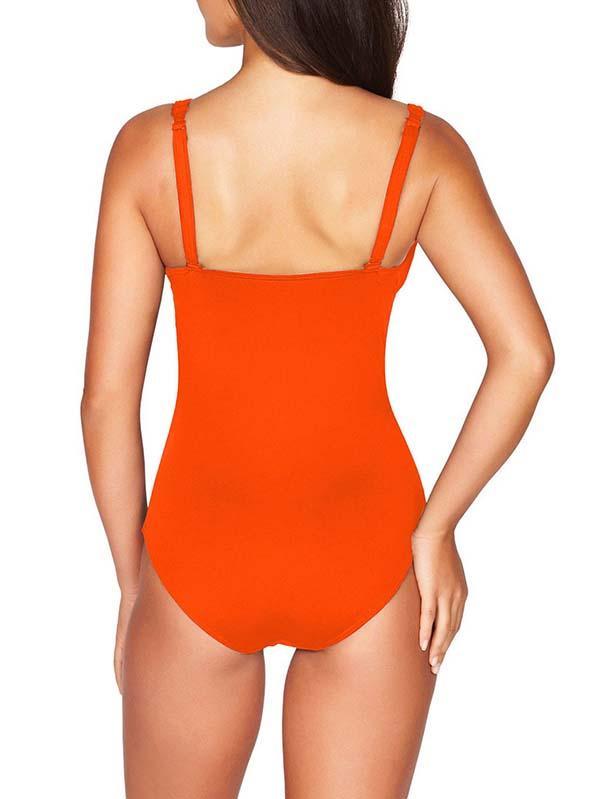 Solid V Neck Pleated One Piece Swimsuit For Women