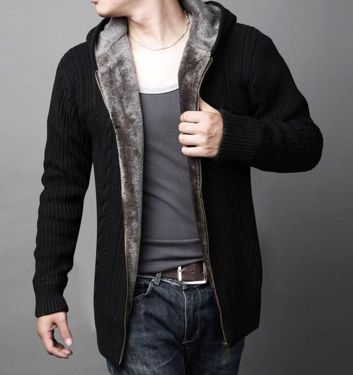 Mens Cardigans Sweaters Casual Hooded Warm Thicken Fur Lining Hombre Knitwear