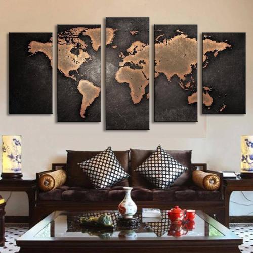 World Map Wall Art Travel Brown Panel Painting - Wall Decor Canvas Prints Canvas Only
