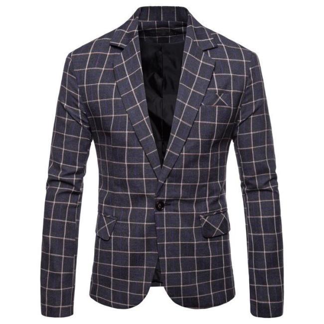 Men'S Slim Button Suit Plaid Turn-Down Collor Tops Solid Jacket Coat