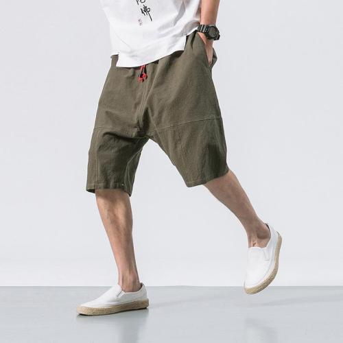 Mens Summer Breathable Cotton Linen Solid Color Knee Length