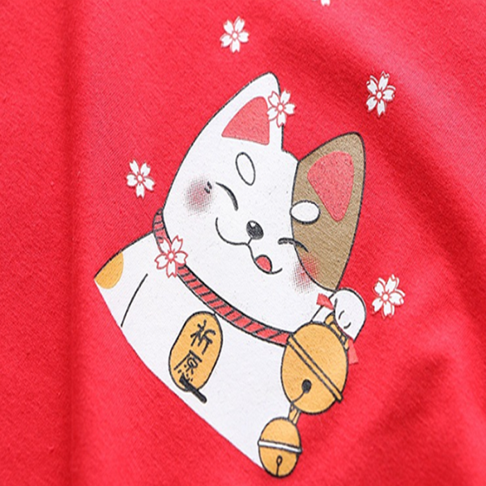 Lucky Cat Print Color Block T-Shirt