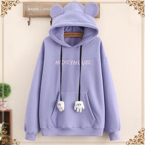 Solid Color Letter Embroidery Hoodie Sweatshirts With Ears Loose Long Sleeve Sweet Girl Pullover