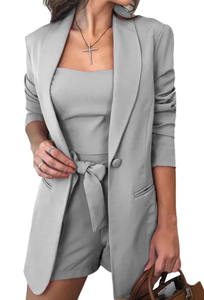 Long Blazer For Women Camisole Top Bow Tie Shorts Three Pieces Sets