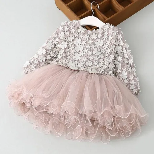 Winter Long Sleeves Girls Birthday Flower Design Princess Lace Tutu Dress For Kids