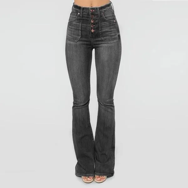 70S High Rise Stretchy Buttons Bell Bottom Jeans