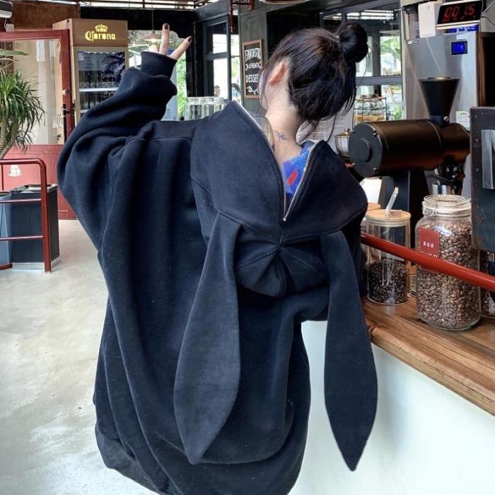 Women Zip-Up Oversize Plus Hoodie Solid Color Drop Shoulder Long Big Rabbit Ears Hooded Sweatshirt