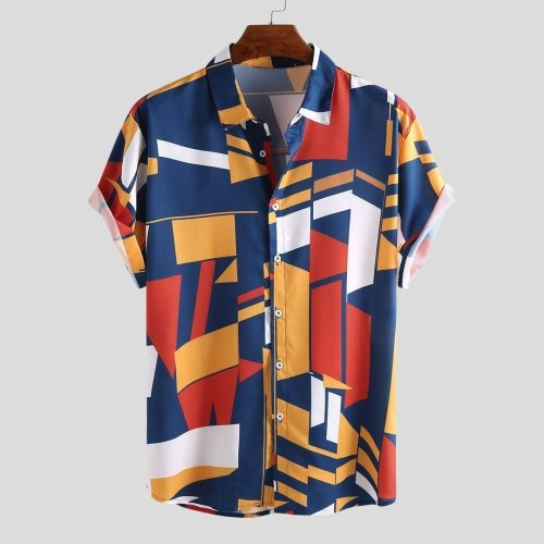 Mens Hit Color Printed Turn Down Collar  Loose Shirts