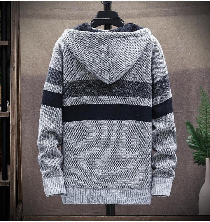 Men'S Knitted Thicken Hood Sweater Casual Keep Warm Cardigan