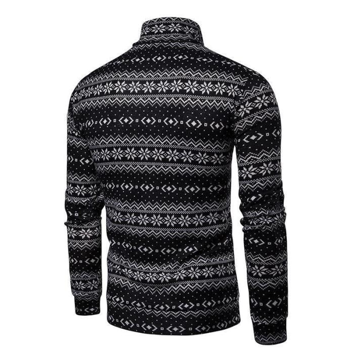 Cotton Polo Turtleneck Sweater Winter Snowflake Pattern Stretch Jumper