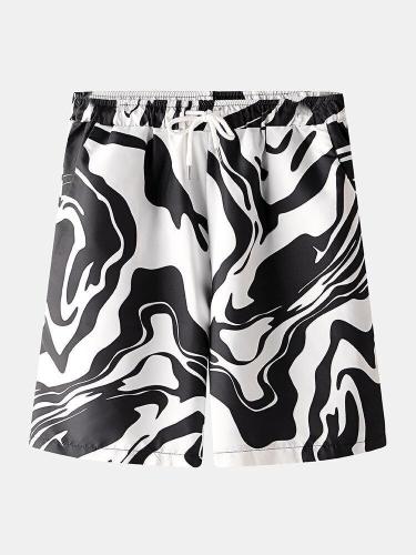 Men Chinese Style Printed Pocket Drawstring Casual Beach Shorts