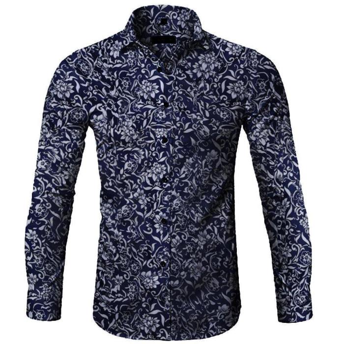Men'S Casual Printed Floral Long Sleeve Button T-Shirt
