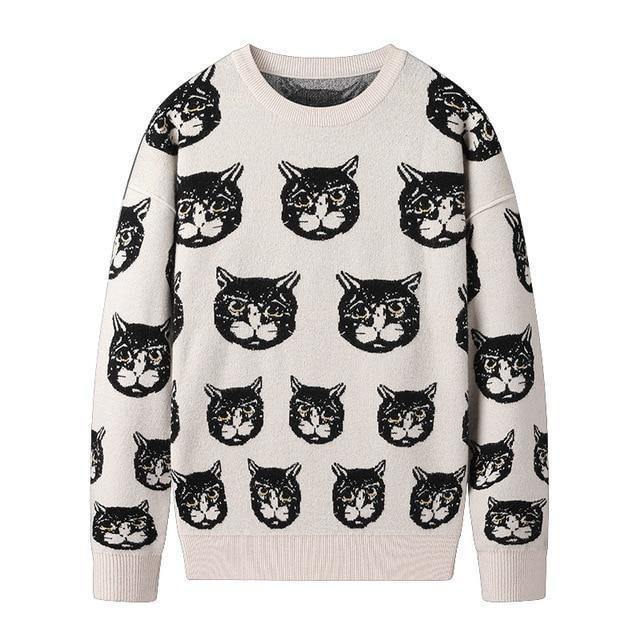 Cartoon Cat Mens Winter Warm Knitted Sweater
