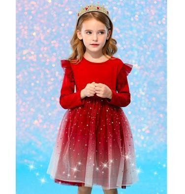 Girls Christmas Costume Lace Princess Dress Kids Long Sleeve Autumn Winter Clothing Children  Year Birthday Party Red Gown 8Y
