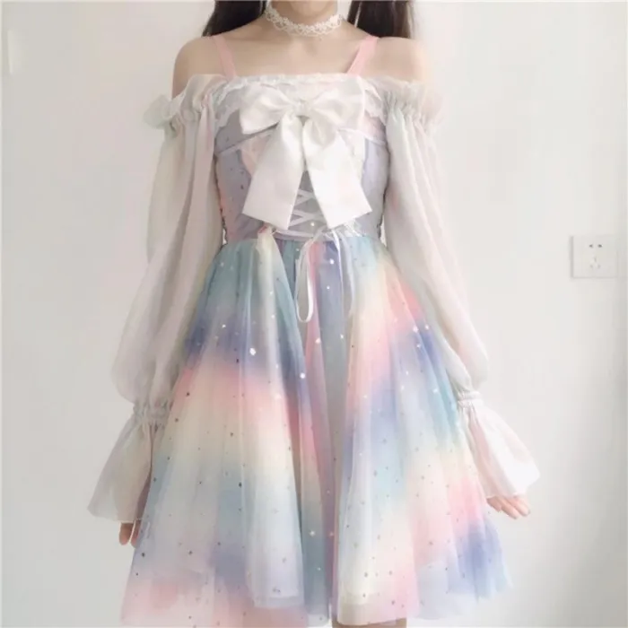 Rainbow Star Bow Lace Up Sweet Tulle Slip Dress