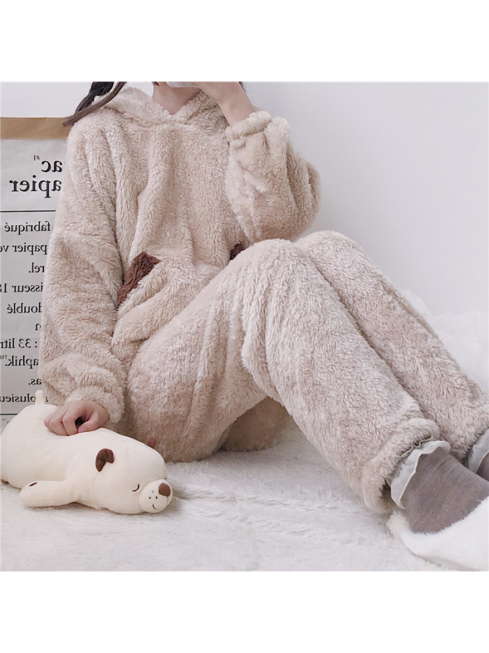 Women Bear Plush Hooded Pajama Set