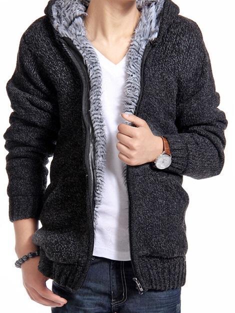 Men'S Plain Flocking Acrylic Lined Zipped Up Knit Wears