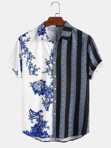 Men 100% Cotton Floral & Striped Patchwork Holiday Casual Shirt