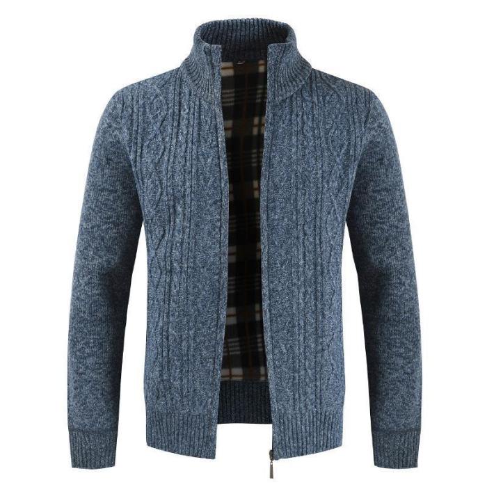 Men Stand-Up Collar Solid Color Zipper Cardigan Sweater