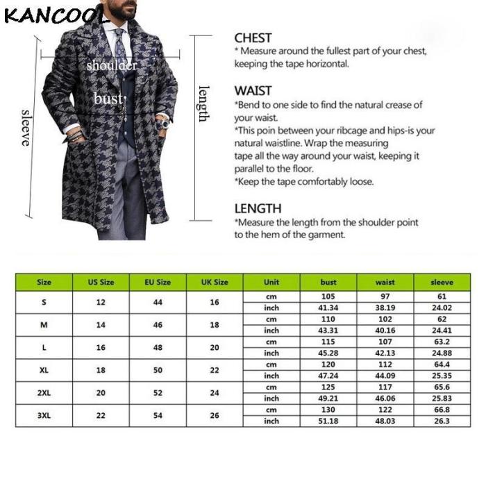 Kancool Men Wool Vintage Long Trench Overcoat