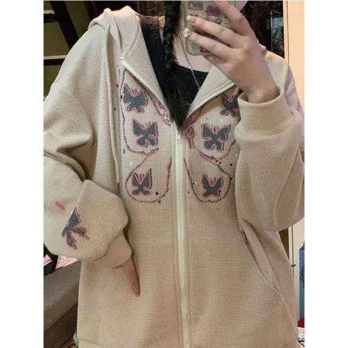 Khaki Zip Sweatshirt Waffle Winter Jacket Top Oversized Hoodie Butterfly Retro Pocket Women Sleeve Pullover