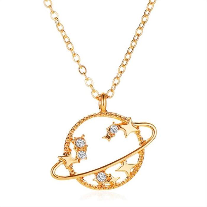 Rhinestone Planet Moon And Star Pendant Necklace