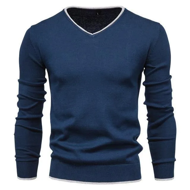 100% Cotton Pullover V-Neck Men'S Sweater Solid Color Long Sleeve Autumn Slim Sweaters Men Casual Pull Men Clothing