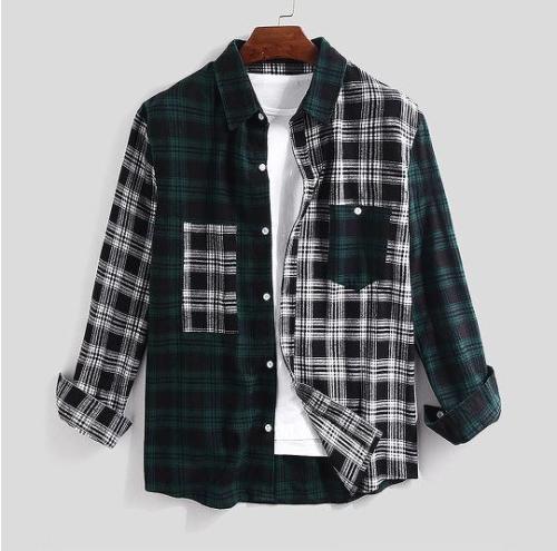 Cotton Casual Loose Plaid Patchwork Long Sleeve Shirts
