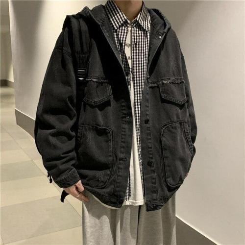 Men'S Multi-Pocket Hooded Denim Jacket Korean Casual Fashion Loose Harajuku Streetwear Ripped Denim Jacket Bomber Jacket