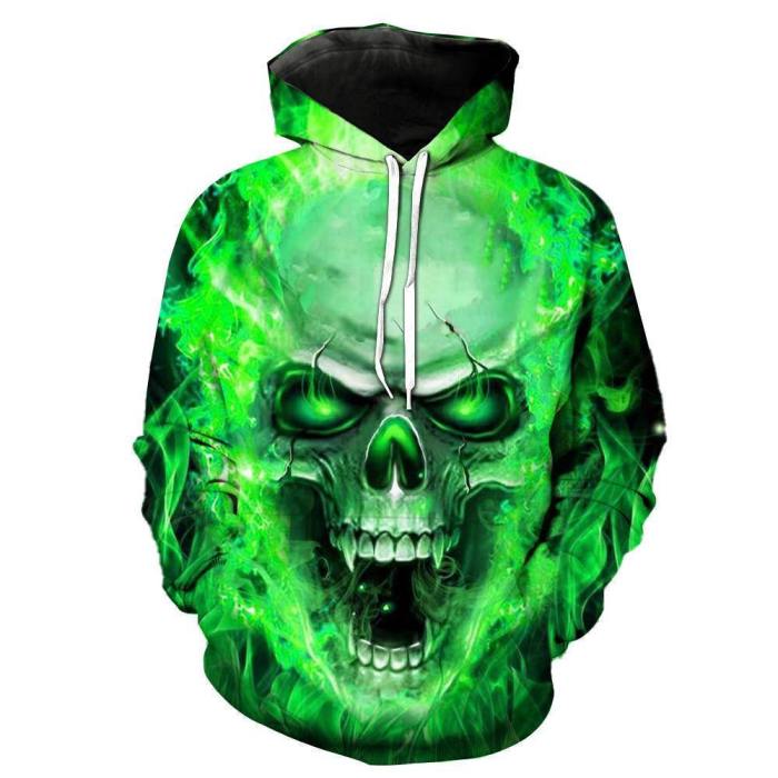 Green Flame Skull Hoodies 3D Sweatshirts