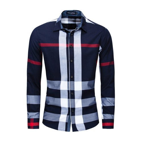 Men'S Cotton Long Sleeved Shirt Color Matching Plaid Shirt