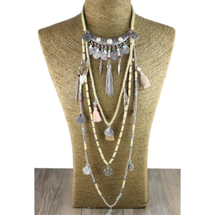 Vintage Long Necklace With Coins And Tassel Charms