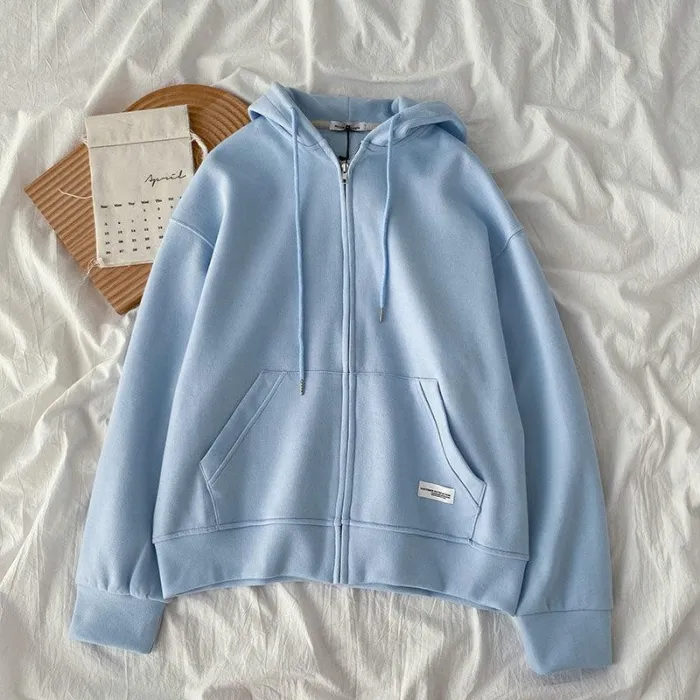 Korean Women Oversize Zip Up Hooded Sweatshirts Cotton Loose Casual Couple Hoodie Outfit