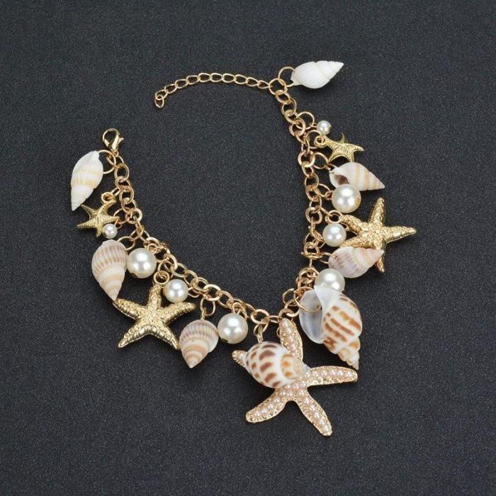 Lovely Sea Shells And Starfish Bracelet With Faux Pearl Charms
