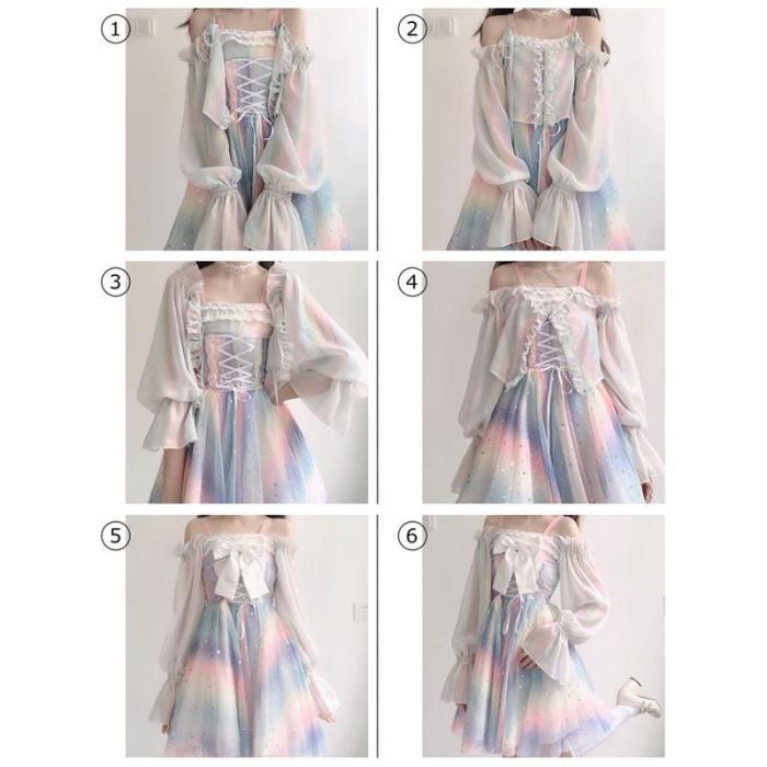 Rainbow Star Bow Lace Up Sweet Tulle Slip Dress