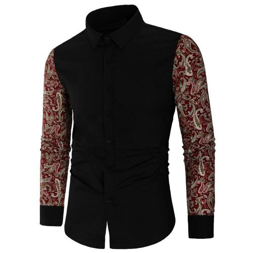 Mens Floral Printing Flax Breathable Long Sleeve