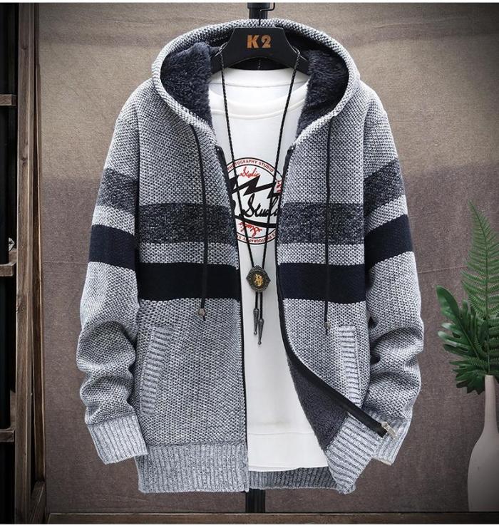 Men'S Knitted Thicken Hood Sweater Casual Keep Warm Cardigan
