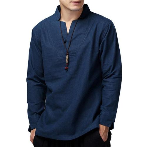 Cotton Stand Collar Solid Color Casual Loose T Shirts