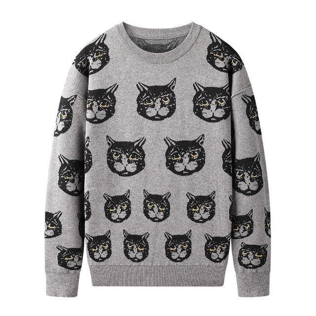 Cartoon Cat Mens Winter Warm Knitted Sweater