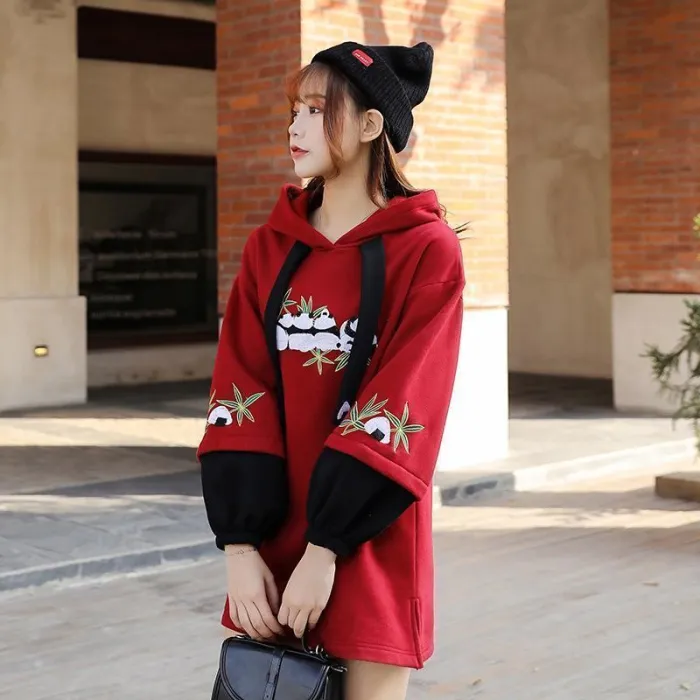 Panda Embroidery Hoodie Dress Lantern Sleeve Color Block