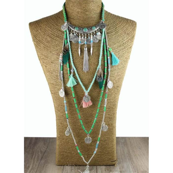Vintage Long Necklace With Coins And Tassel Charms