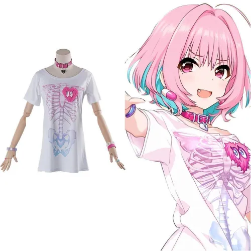 Girls Yumemi Riamu Cosplay Costume T Shirt Accessories Wig Pink Hair Adult Carnival Fancy Dress Women